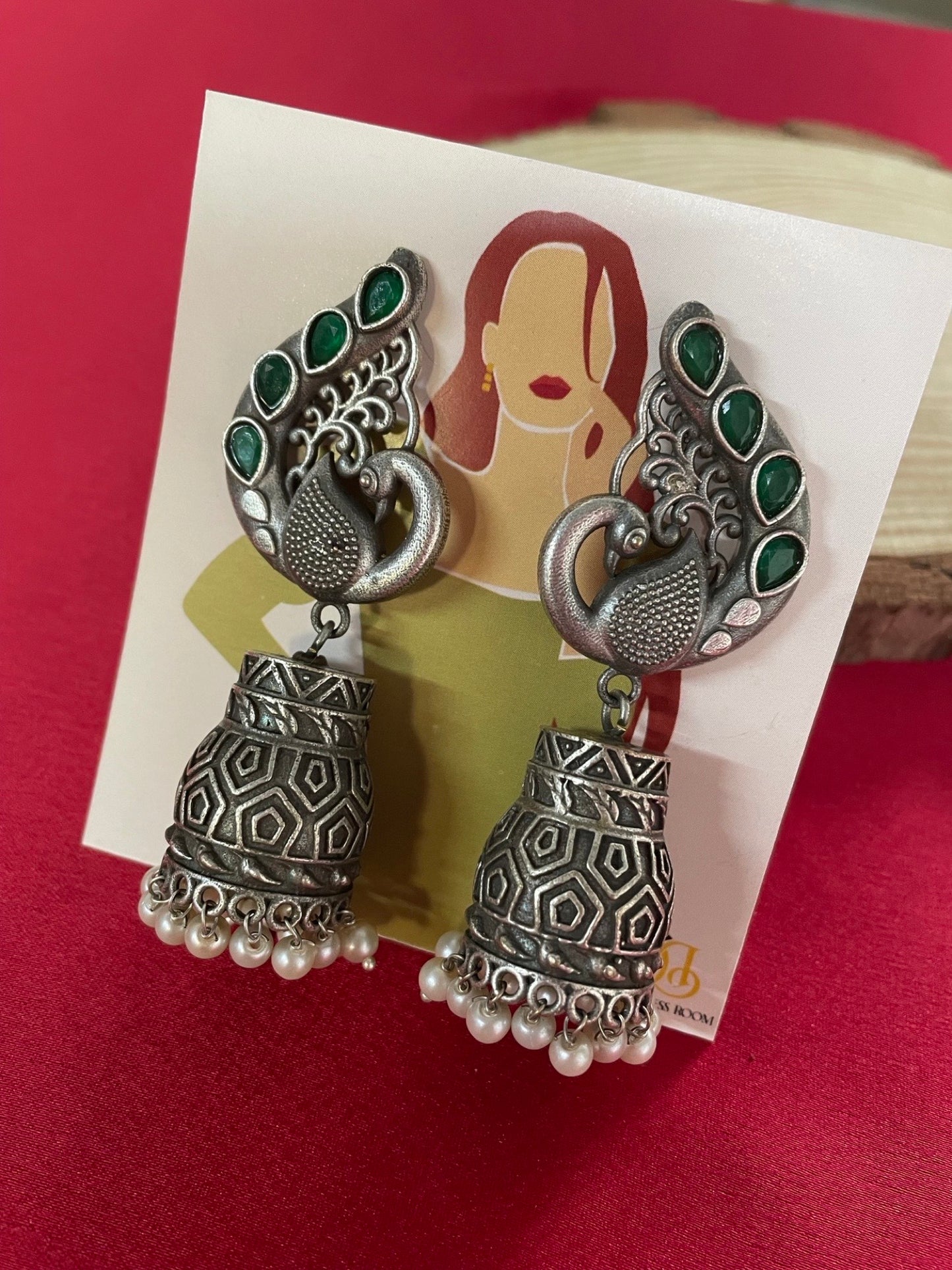 Jhumka Earrings Peacock Green Enamel Design