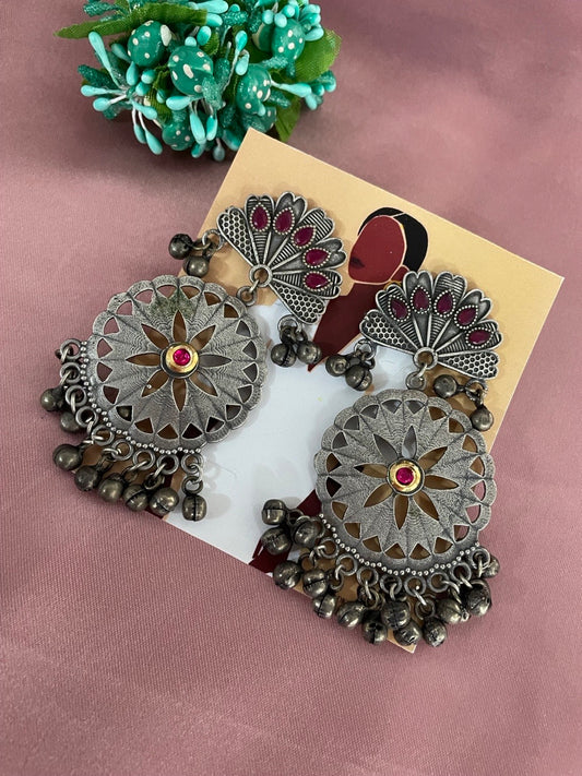 Flower Long Silver Earrings with Red Stones