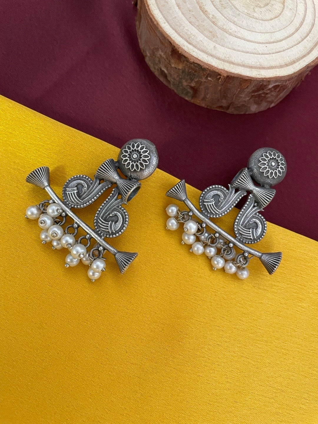 Peacock & Floral with Pearl Designs Silver Oxidized Earrings