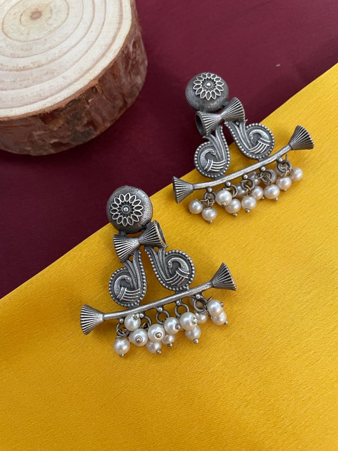 Peacock & Floral with Pearl Designs Silver Oxidized Earrings