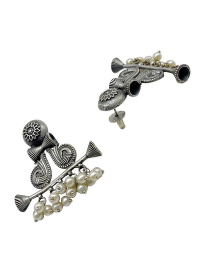 Peacock & Floral with Pearl Designs Silver Oxidized Earrings