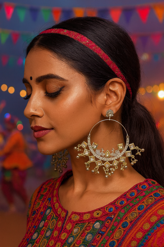 German Oxidized Silver Kundan Peacock Chand Bali Hoop Earring