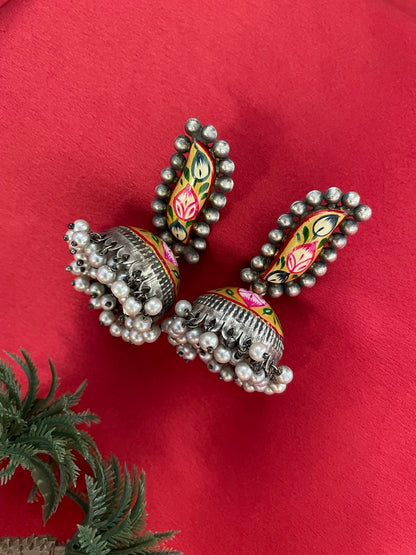Jhumka Earrings Yellow Floral Design With Pearl German Oxidized Earring for Women