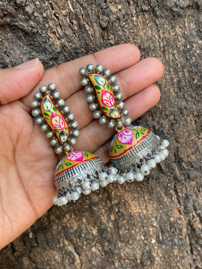 Jhumka Earrings Yellow Floral Design With Pearl German Oxidized Earring for Women