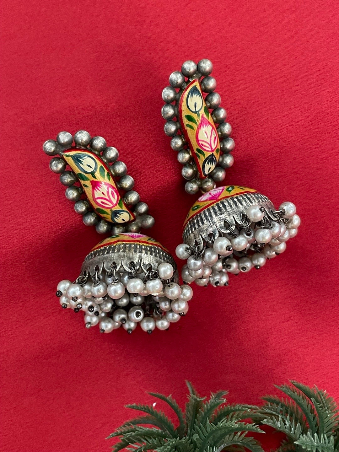 Jhumka Earrings Yellow Floral Design With Pearl German Oxidized Earring for Women