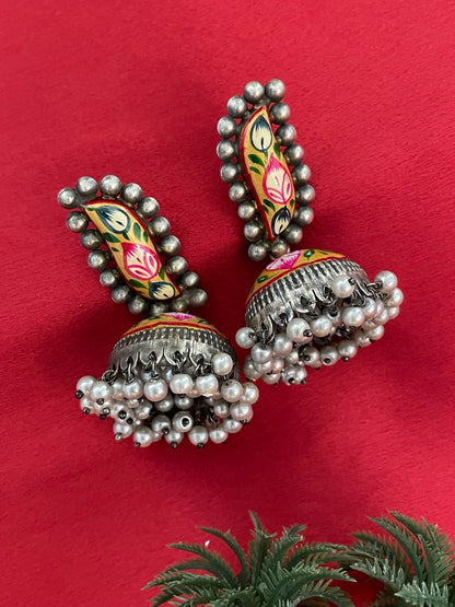 Jhumka Earrings Yellow Floral Design With Pearl German Oxidized Earring for Women
