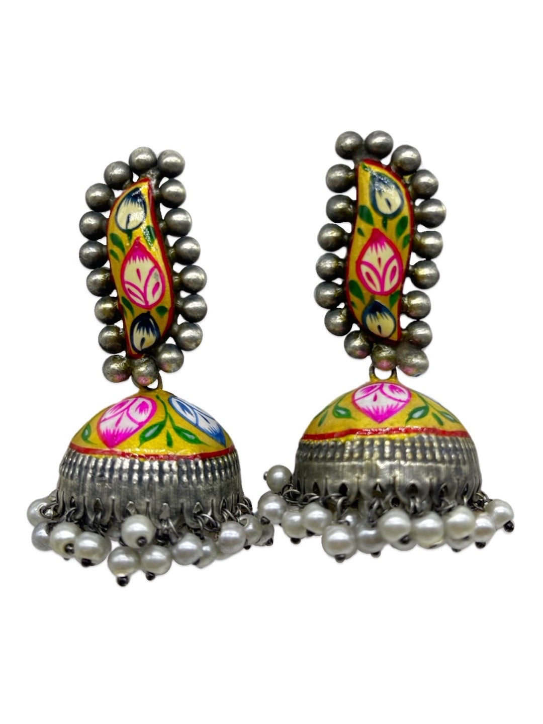 Jhumka Earrings Yellow Floral Design With Pearl German Oxidized Earring for Women