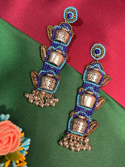 Blue Beaded Earrings Tea Kettle Design With Ghungroo