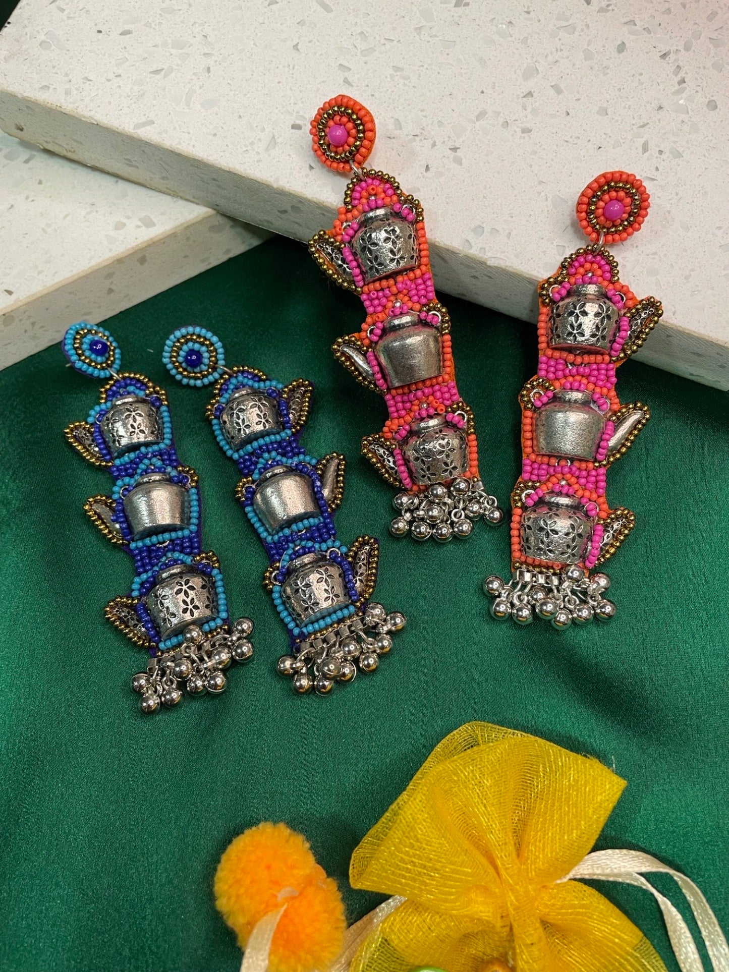 Blue Beaded Earrings Tea Kettle Design With Ghungroo