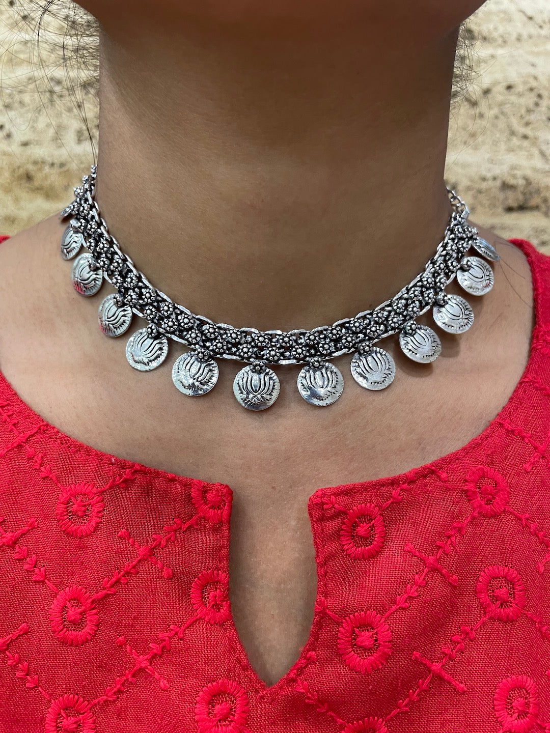 Silver Choker Necklace Lotus Coin