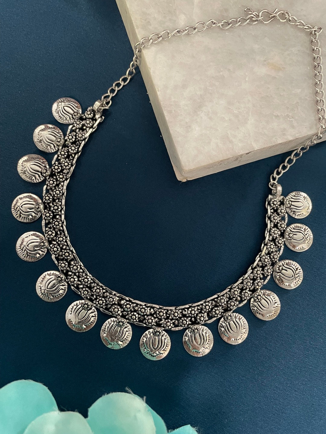 Silver Choker Necklace Lotus Coin