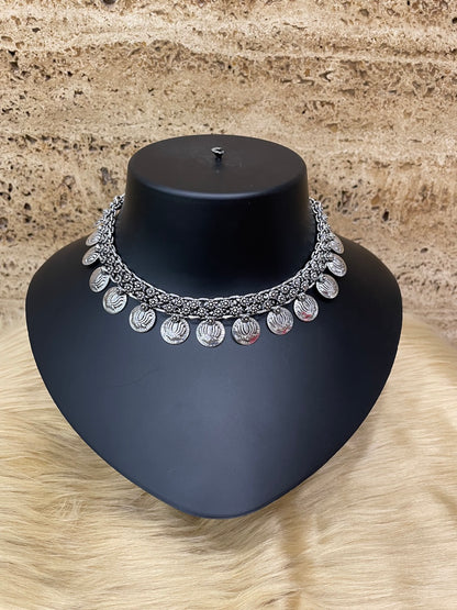 Silver Choker Necklace Lotus Coin