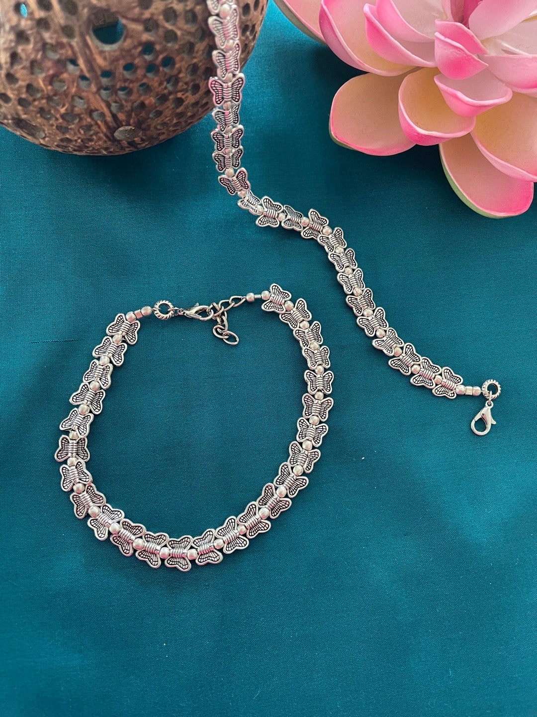 Oxidized Silver Butterfly Anklet Adjustable Boho Payal for Women Stylish Jewelry set