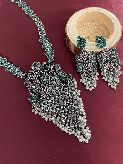 Silver Necklace Set Peacock Pearl Design