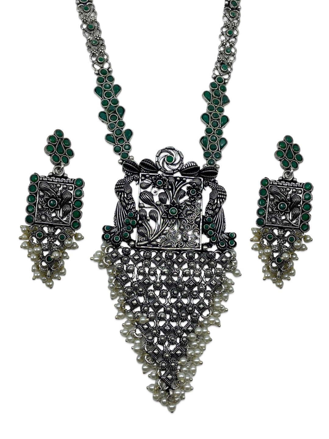 Silver Necklace Set Peacock Pearl Design