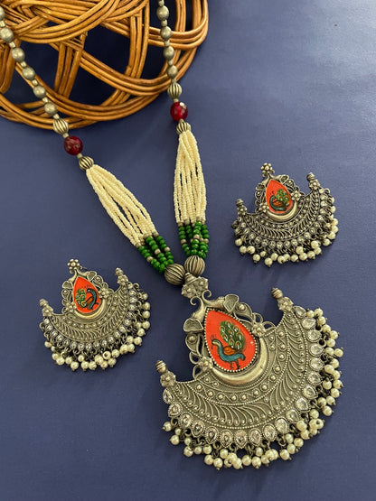 Silver Necklace Set Peacock Beads Design