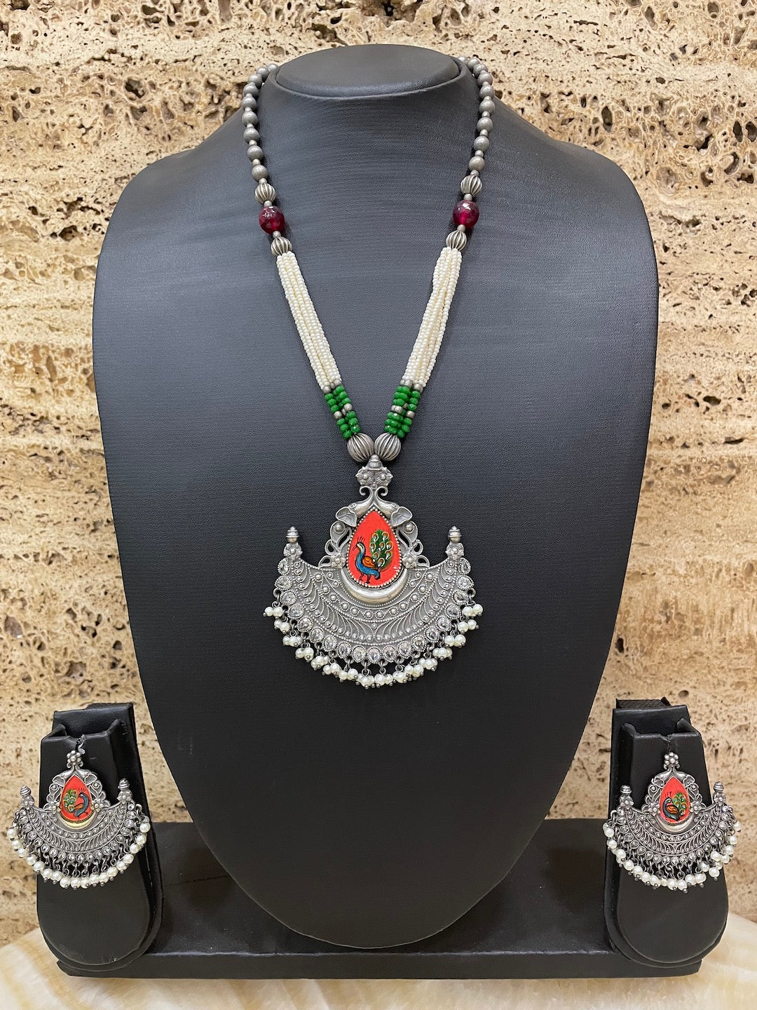 Silver Necklace Set Peacock Beads Design