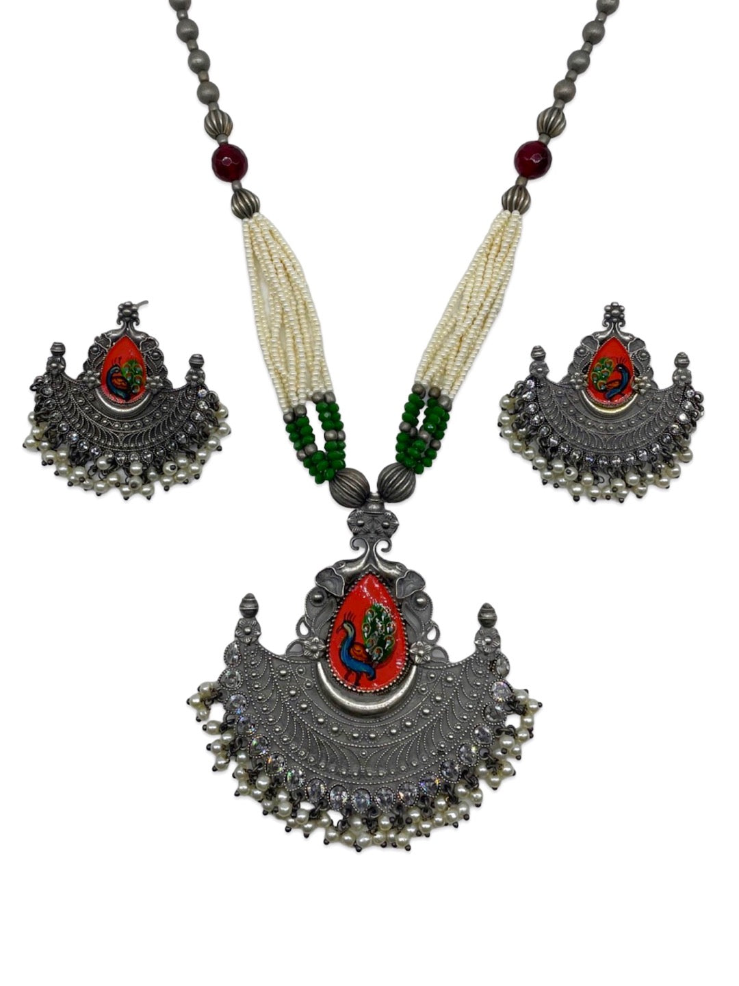 Silver Necklace Set Peacock Beads Design