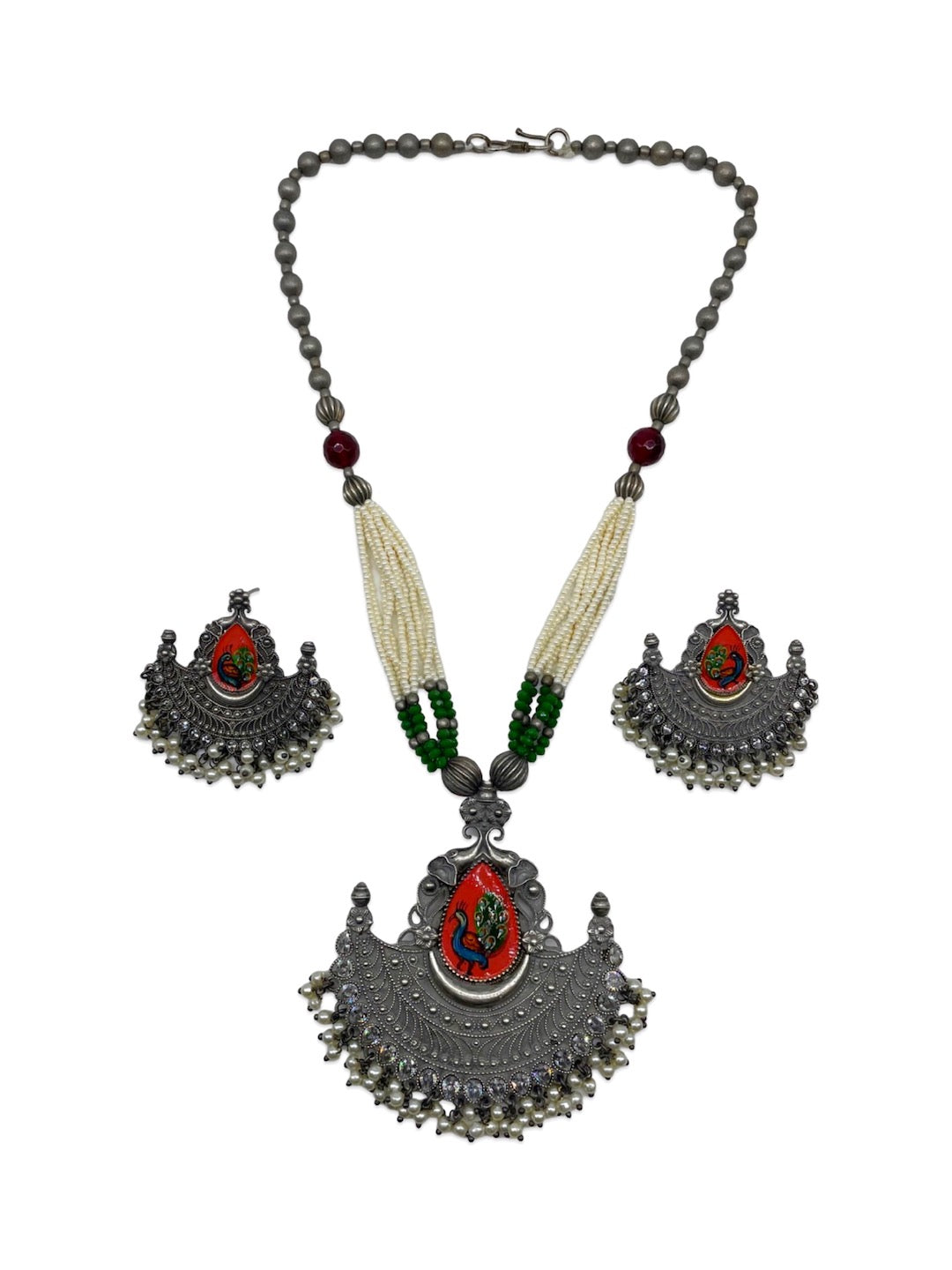 Silver Necklace Set Peacock Beads Design