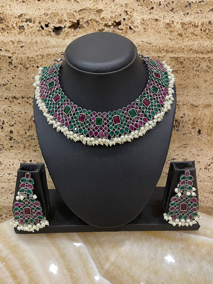 Silver Necklace Set Enamel/Pearl Design