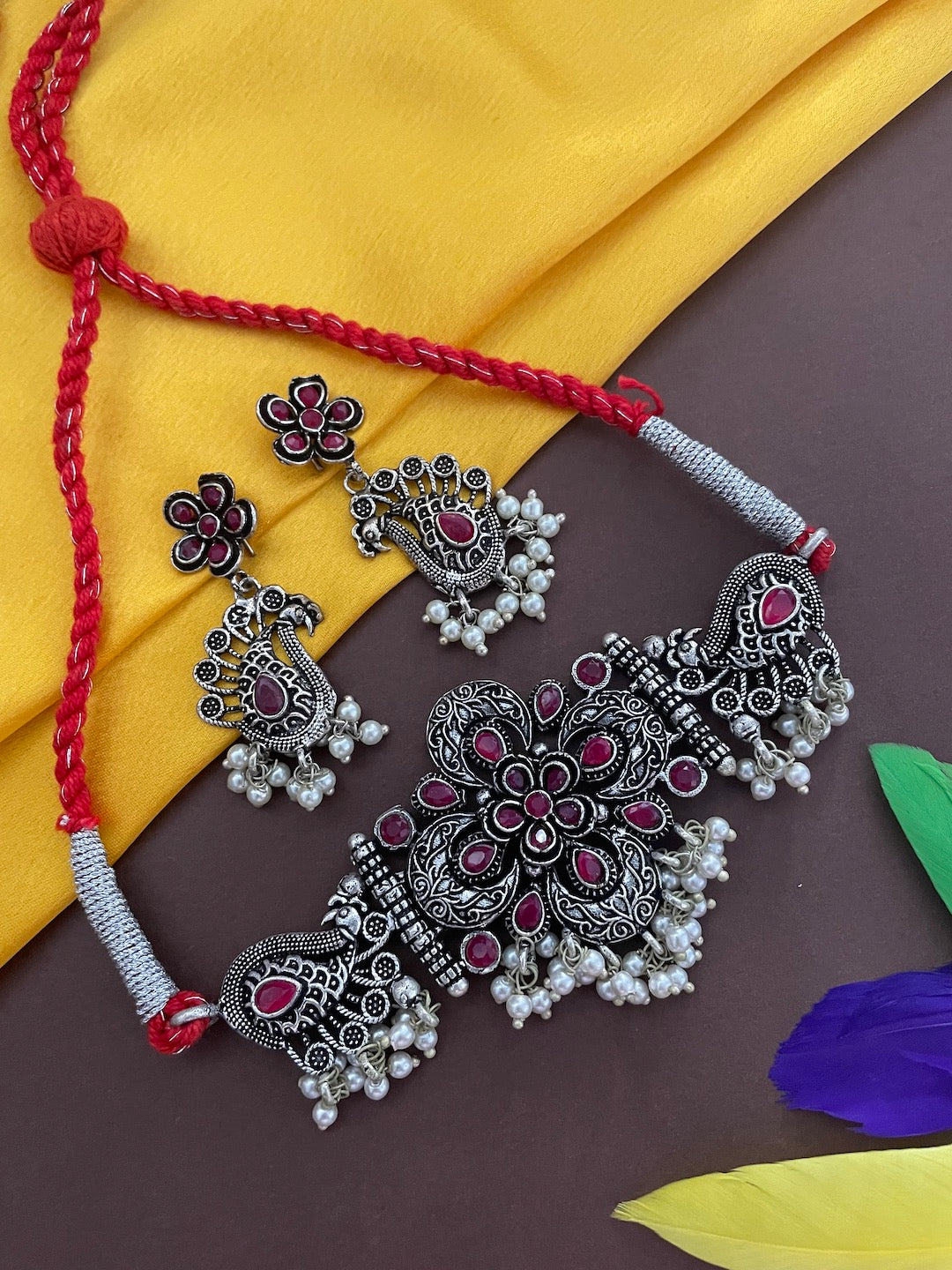 Silver Necklace Set Peacock/Stone Design