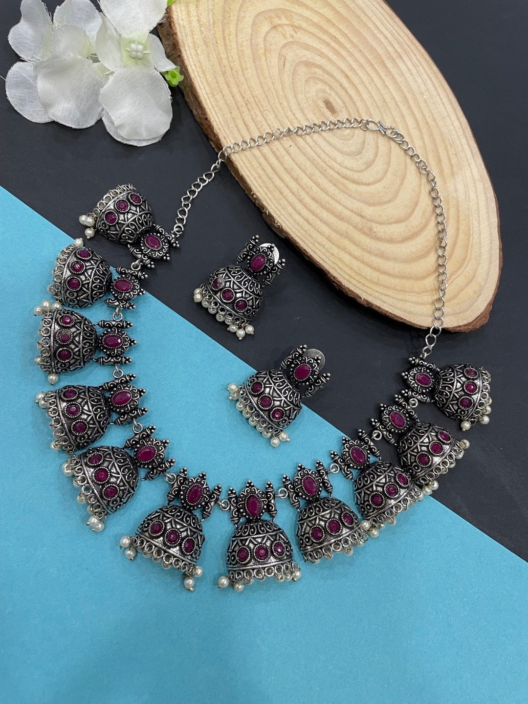 Silver Necklace Set Jhumka Pearl Design