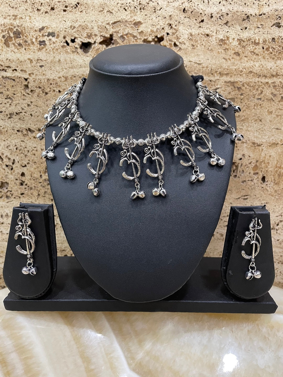 Silver Choker Necklace Set Trishul & Om