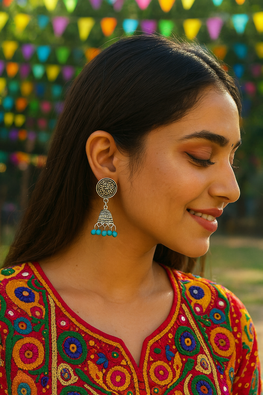 Blue Beads Design Silver-Plated Jhumki