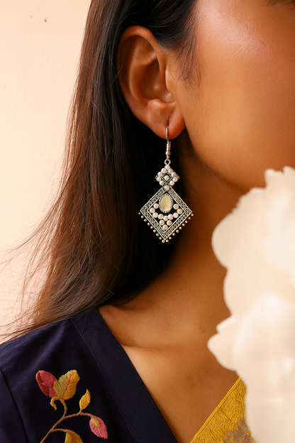 Traditional Handcrafted Light Weight Silver Beads Work Dangle Drop Earring