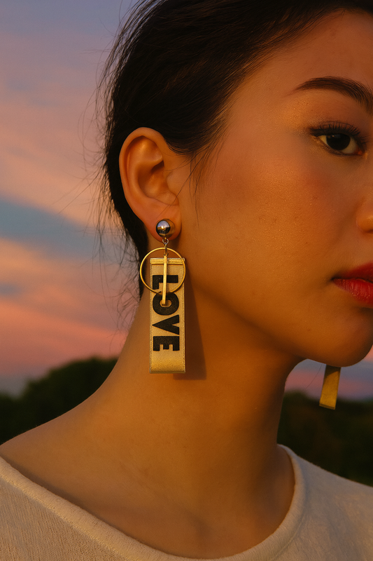 Long Drop Gold with Fabric Print LOVE On it Stud Earrings