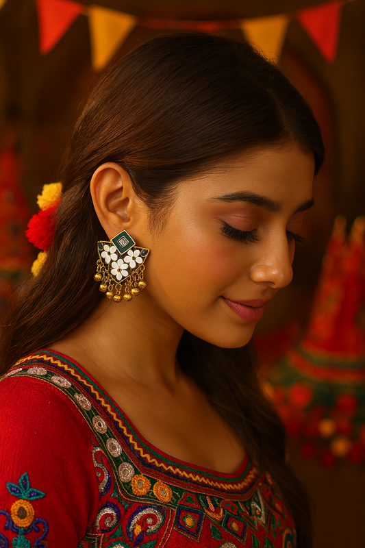Enamel Work Earring with Gold Plated Oxidized Floral Design Alloy Stud Earrings
