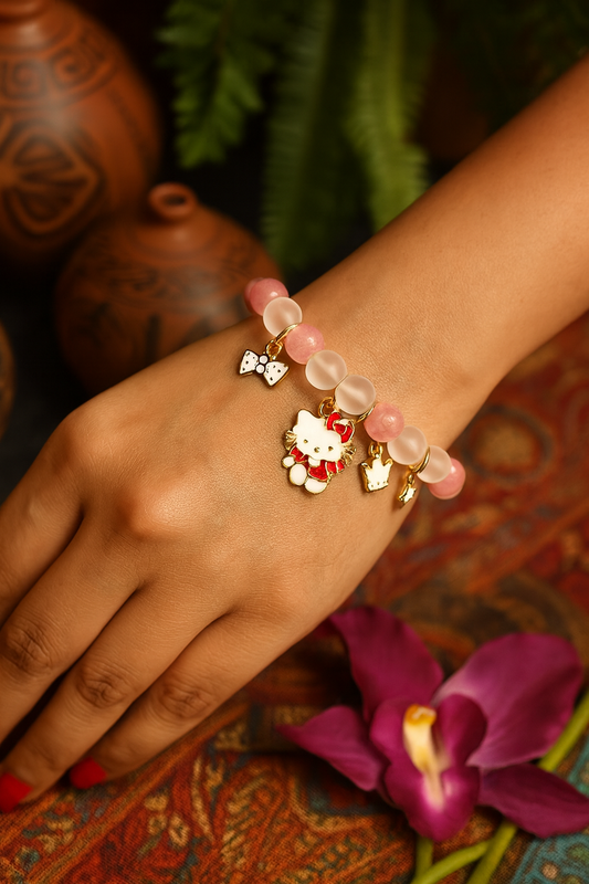 Cat/Crown Charms Stone Bracelet