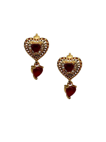 Gold-Plated CZ Black/Aqua/Blue/Red/White/Pink/Peach Stone Heart AD Earrings | Party Wear Jewelry for Women