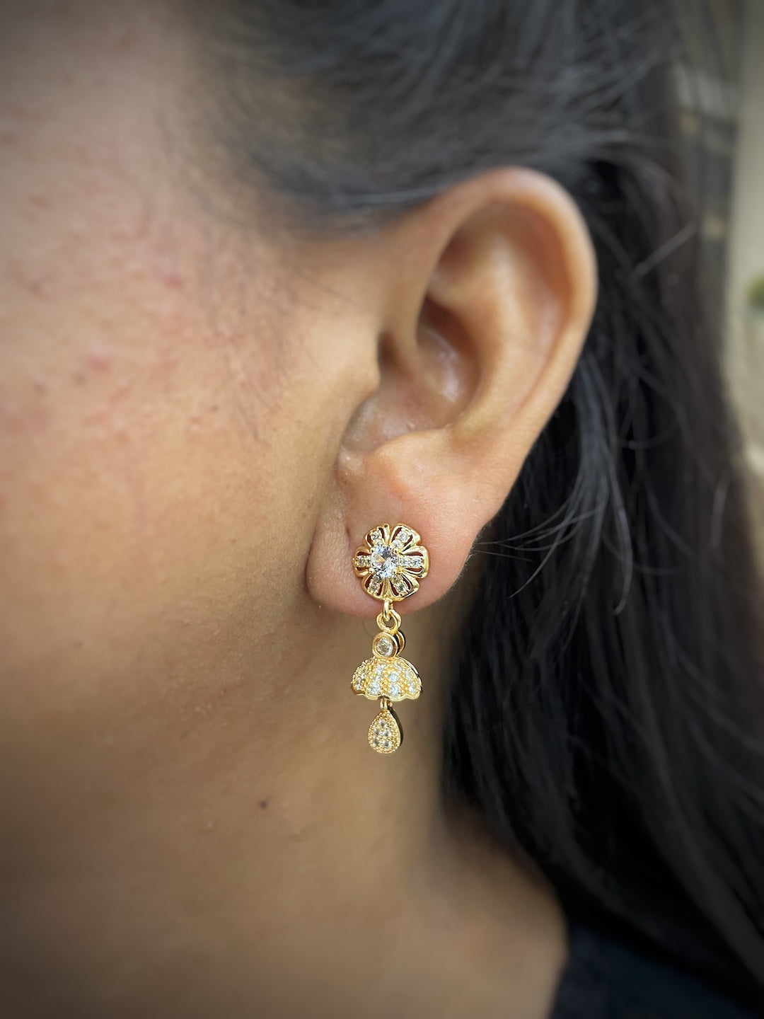 Gold-Plated CZ Flower/Bell Drop Jhumka Earrings | Party Wear Jewelry for Women