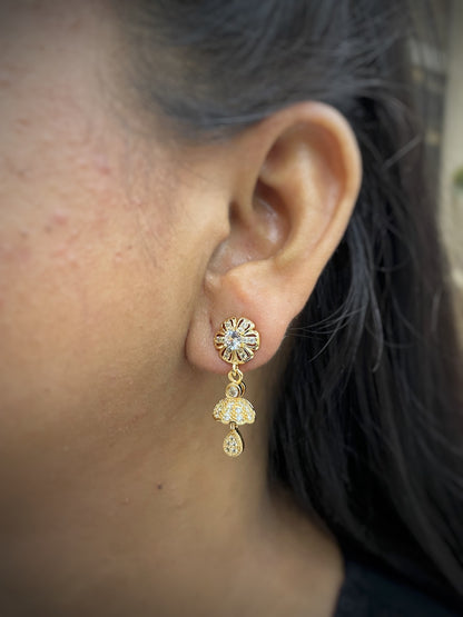 Gold-Plated CZ Flower/Bell Drop Jhumka Earrings | Party Wear Jewelry for Women