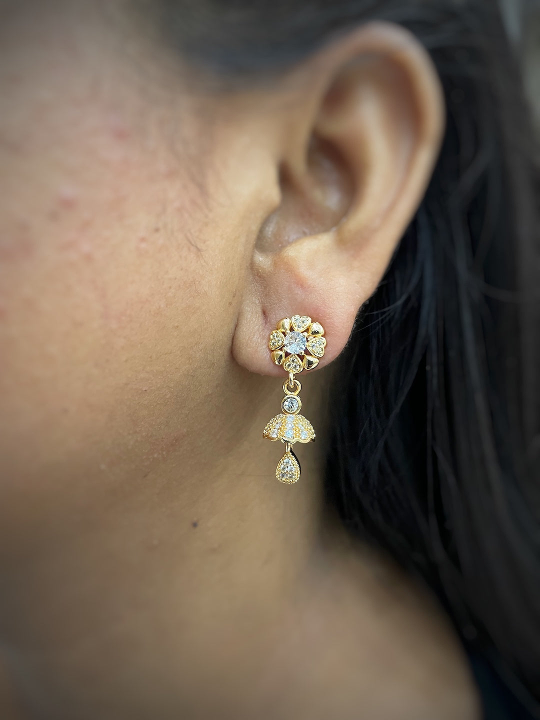 Gold-Plated CZ Flower/Heart Drop Jhumka Earrings | Party Wear Jewelry for Women