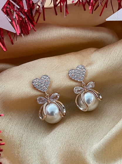 Gold / Silver-Plated Pearl CZ Heart Drop Earrings | Party Wear Jewelry for Women