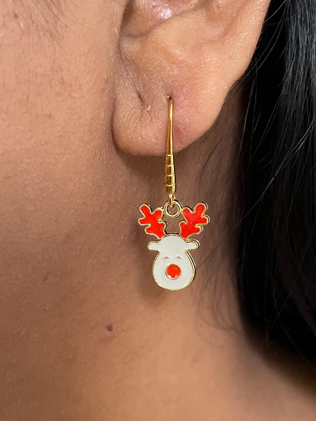 White & Red Reindeer Charm Earrings