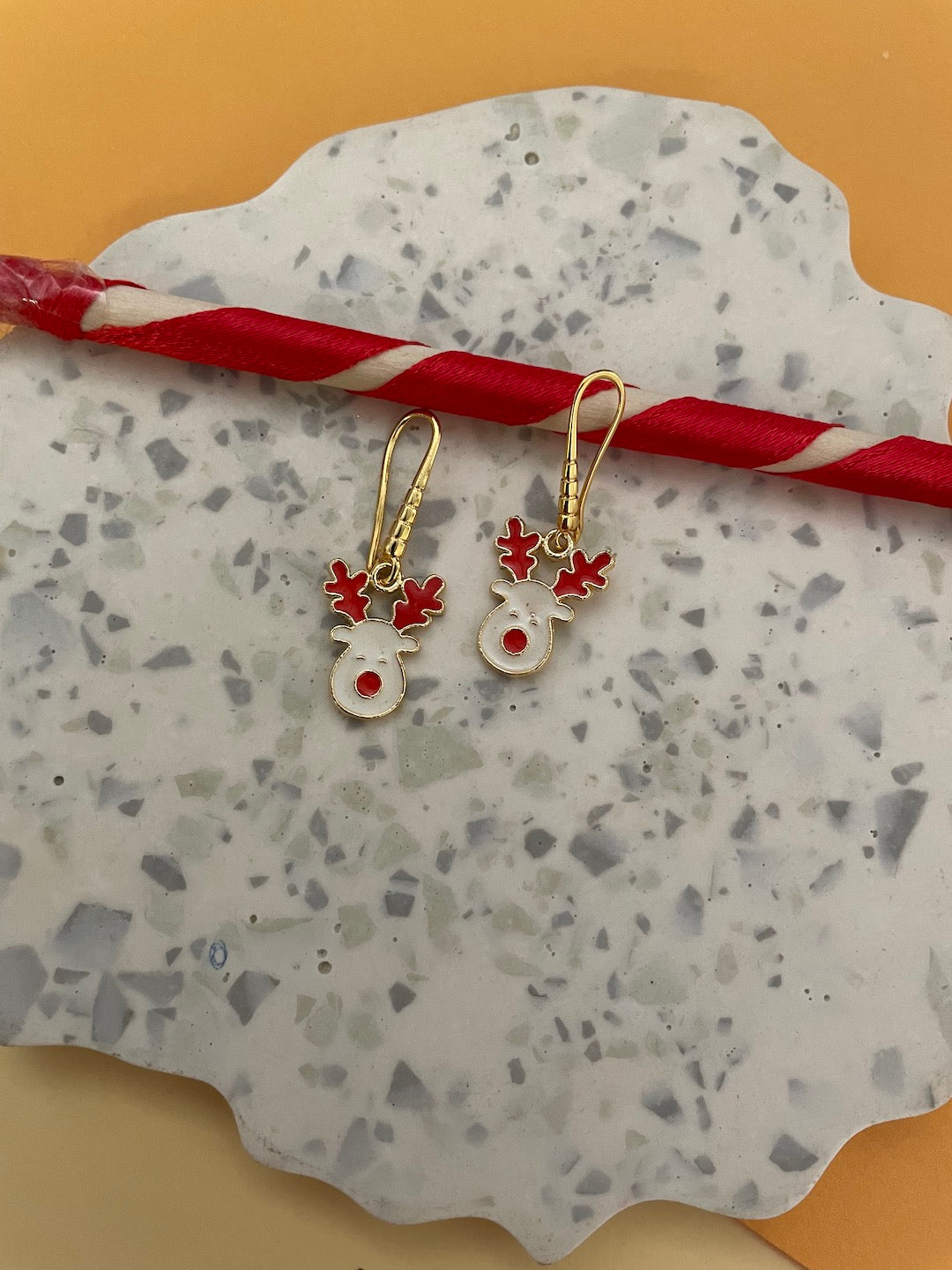 White & Red Reindeer Charm Earrings