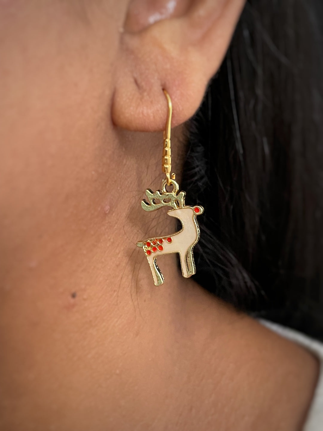 White & Red Reindeer Charm Earrings