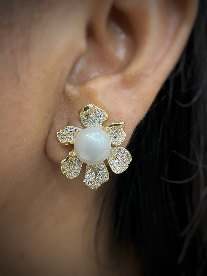 Pearl Flower Stud AD CZ Earrings | Festive Party Wear Jewelry for Women