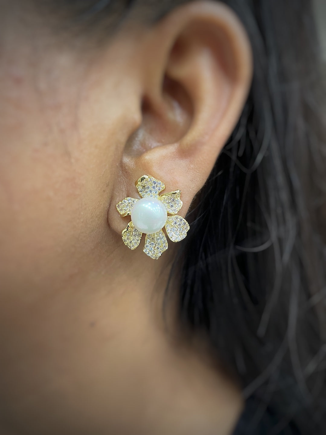 Pearl Flower Stud AD CZ Earrings | Festive Party Wear Jewelry for Women