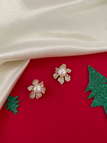 Pearl Flower Stud AD CZ Earrings | Festive Party Wear Jewelry for Women