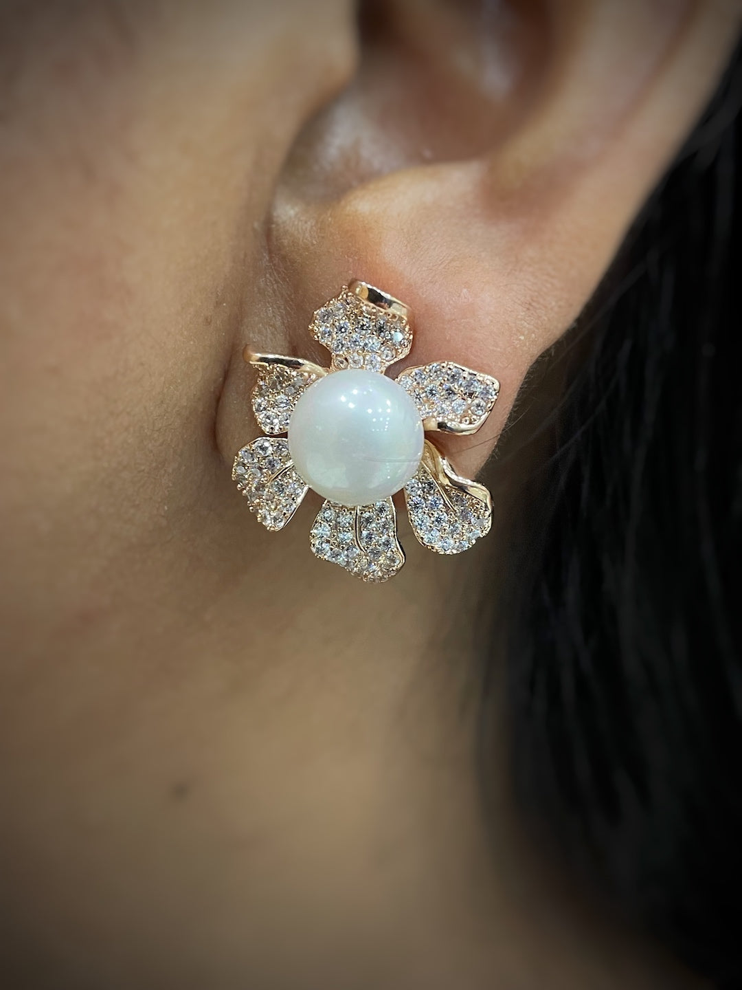 Pearl Flower Stud AD CZ Earrings | Festive Party Wear Jewelry for Women