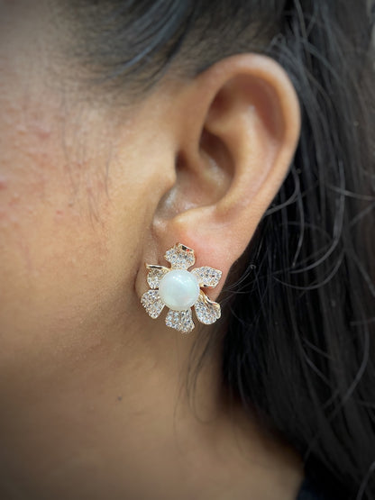 Pearl Flower Stud AD CZ Earrings | Festive Party Wear Jewelry for Women