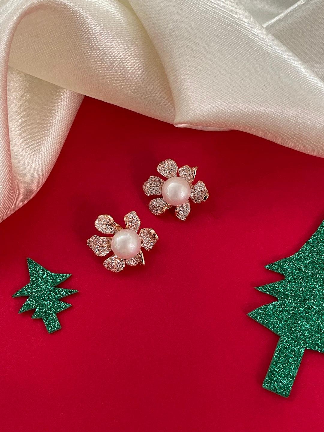 Pearl Flower Stud AD CZ Earrings | Festive Party Wear Jewelry for Women