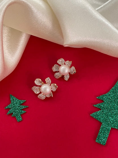 Pearl Flower Stud AD CZ Earrings | Festive Party Wear Jewelry for Women