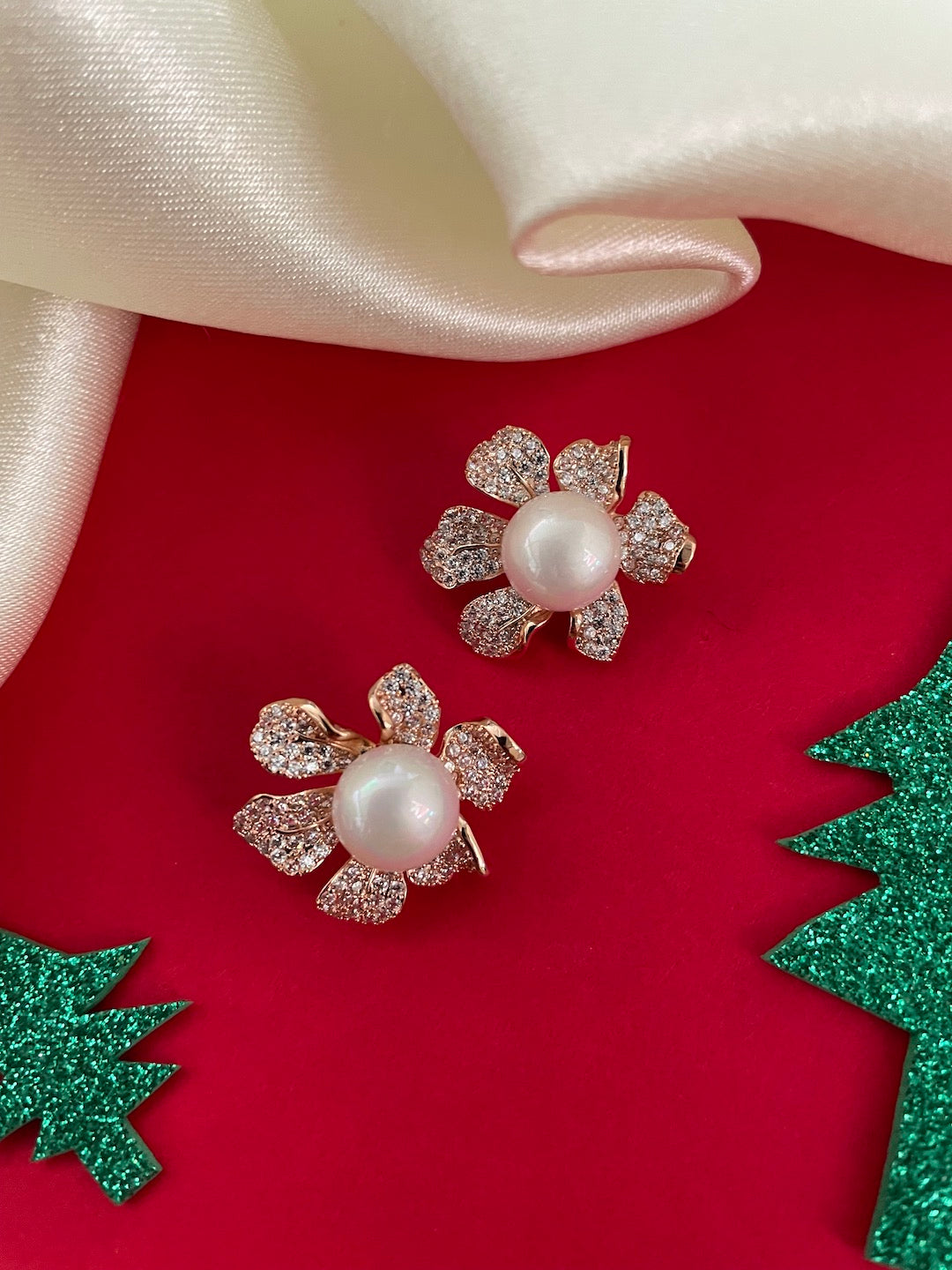 Pearl Flower Stud AD CZ Earrings | Festive Party Wear Jewelry for Women