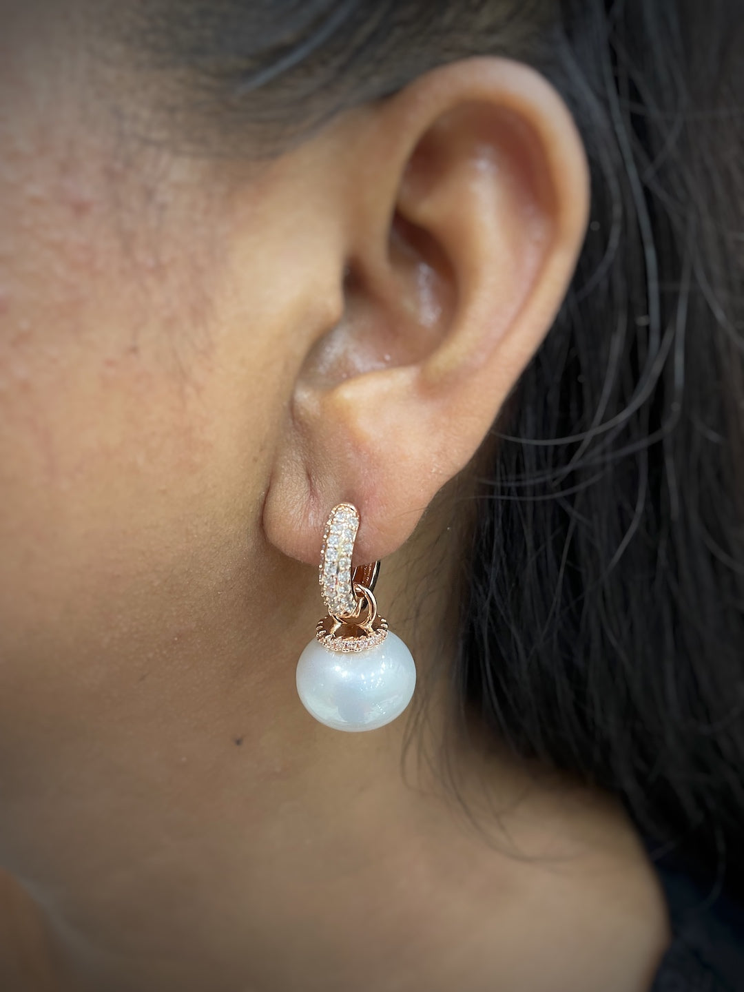 Pearl Huggie Hoop CZ Earrings