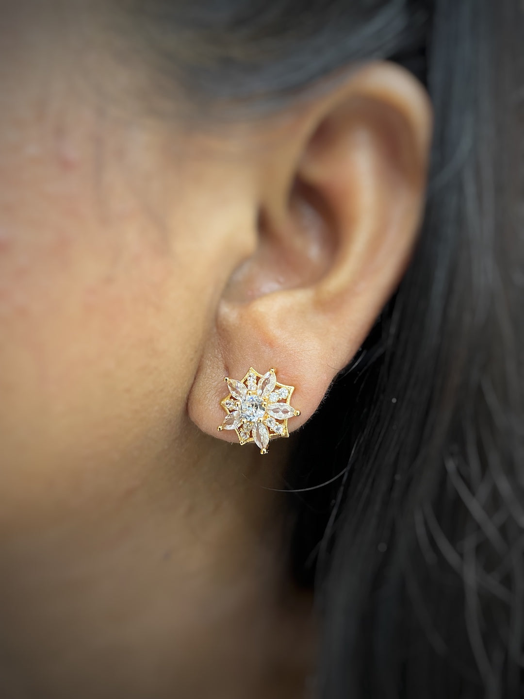 Gold-Plated CZ Flower AD Stud Earrings | Festive Party Wear Jewelry for Women